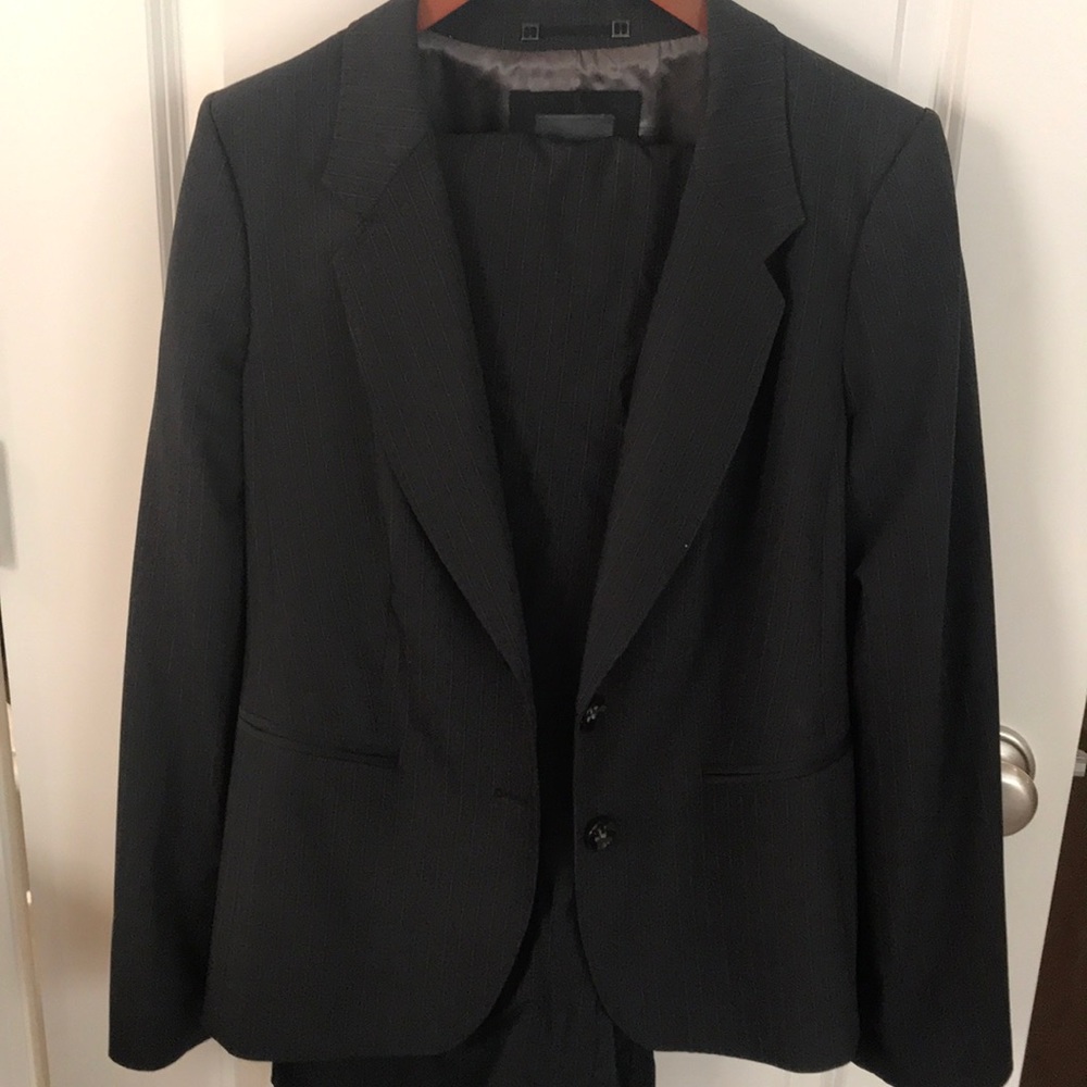 Dark gray pinstripe pantsuit